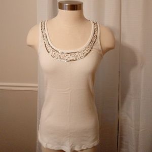 White ribbed tank with silver beading & sequins